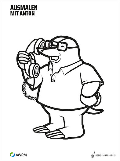 Ausmalbild mit Anton, dem AWRM-Maskottchen: Der Maulwurf steht lächelnd mit einem Telefon am Ohr.