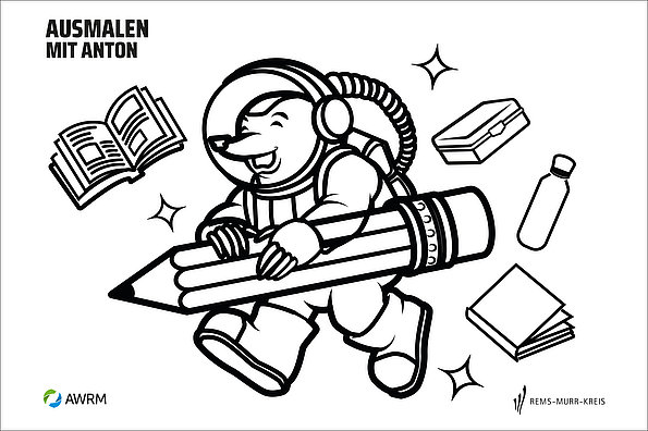 Ausmalbild mit Anton, dem AWRM-Maskottchen: Der Maulwurf fliegt als Astronaut mit riesigem Stift durch den Weltraum, umgeben von Schulutensilien.