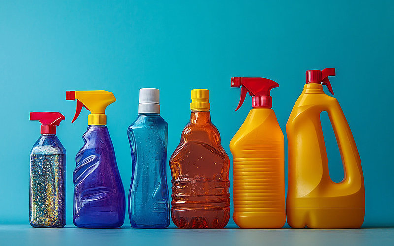 Plastikflaschen für Putzmittel auf farbigem Hintergrund