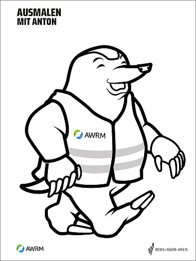 Ausmalbild mit Anton, dem AWRM-Maskottchen: Der Maulwurf trägt eine Warnweste mit AWRM-Logo und ist fröhlich in Bewegung.