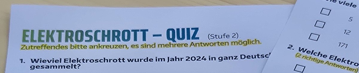 Handzettel mit Fragen und Antwortmöglichkeiten, Quiz zum Thema Elektroschrott
