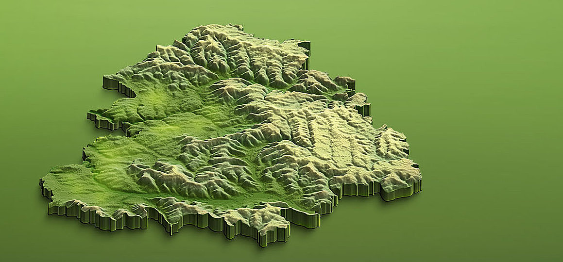 3D-Karte eines hügeligen Landschaftsausschnitts vor grünem Hintergrund.