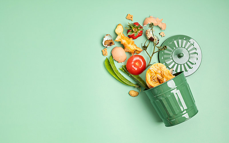 Ein umgekippter grüner Bioabfalleimer auf grünem Untergrund, aus dem organische Küchenabfälle wie Obst- und Gemüsereste sowie Eierschalen herausgefallen sind.