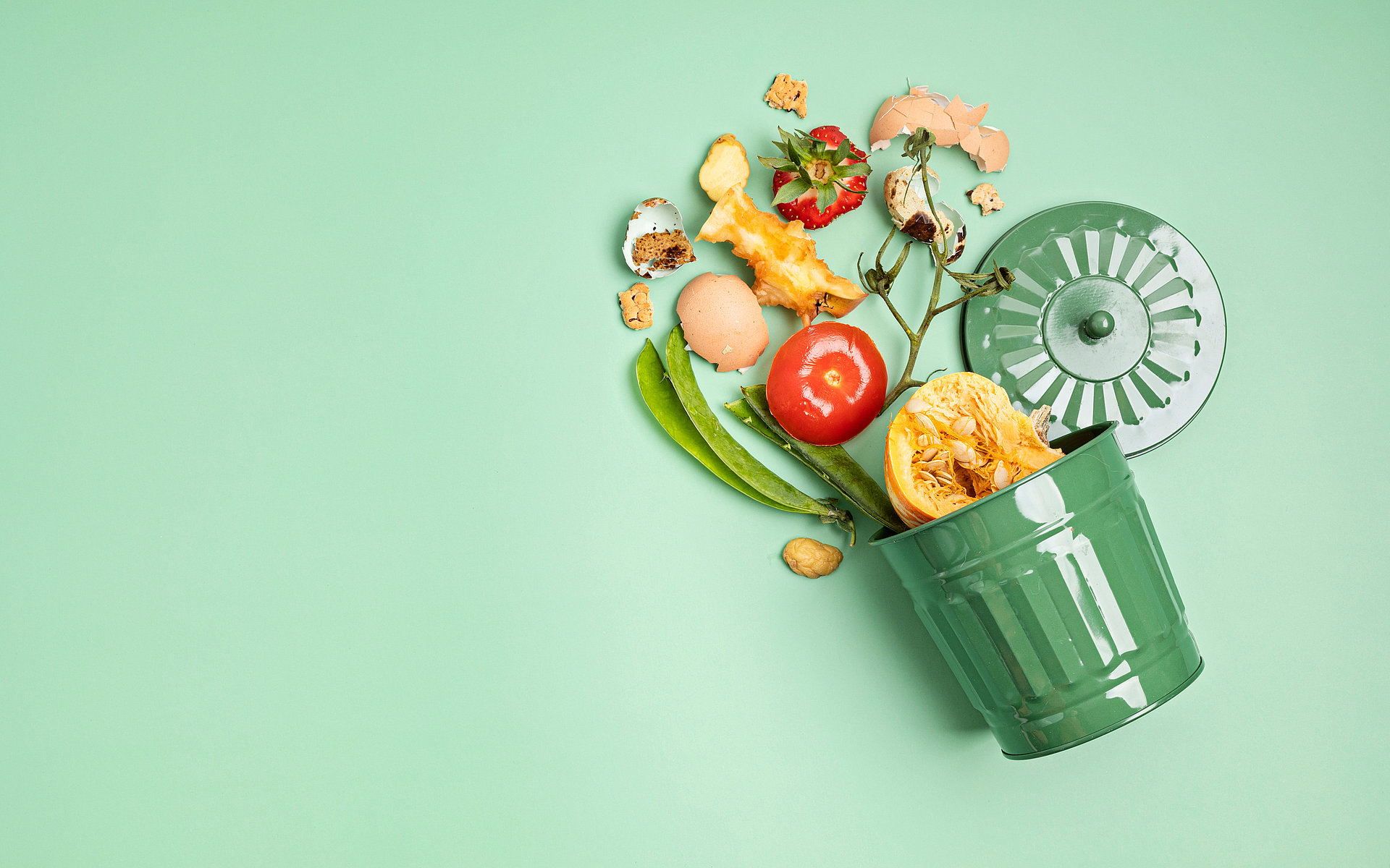 Kleiner grüner Bioabfalleimer, aus dem Obst- und Gemüsereste auf einen mintgrünen Hintergrund fallen.
