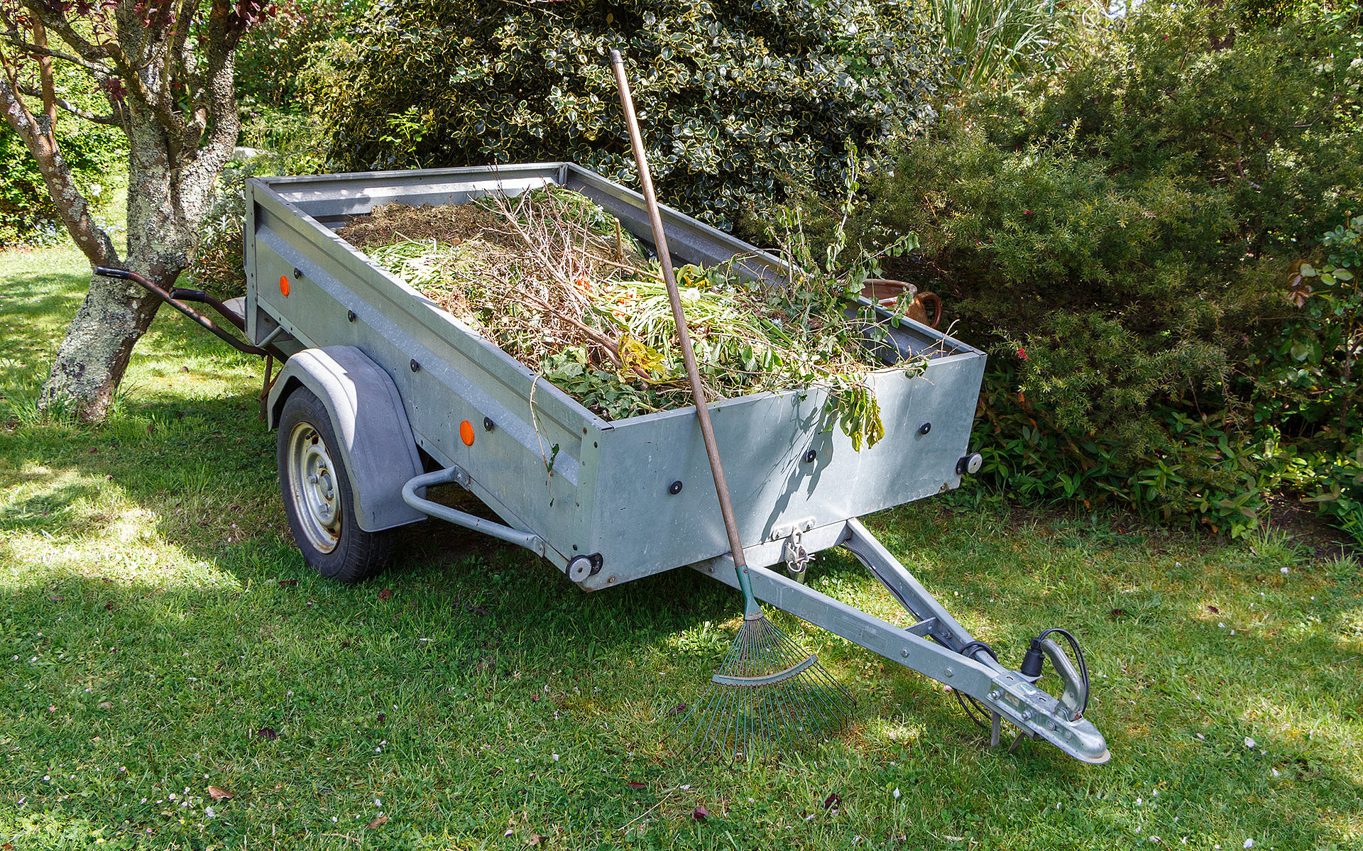 Ein Anhänger auf einer Wiese, gefüllt mit frischem Grünschnitt wie Zweigen und Laub, umgeben von Bäumen im Garten.