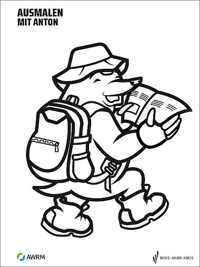 Ausmalbild mit Anton, dem AWRM-Maskottchen: Der Maulwurf trägt Wanderausrüstung mit Rucksack und Hut und liest eine Zeitung.
