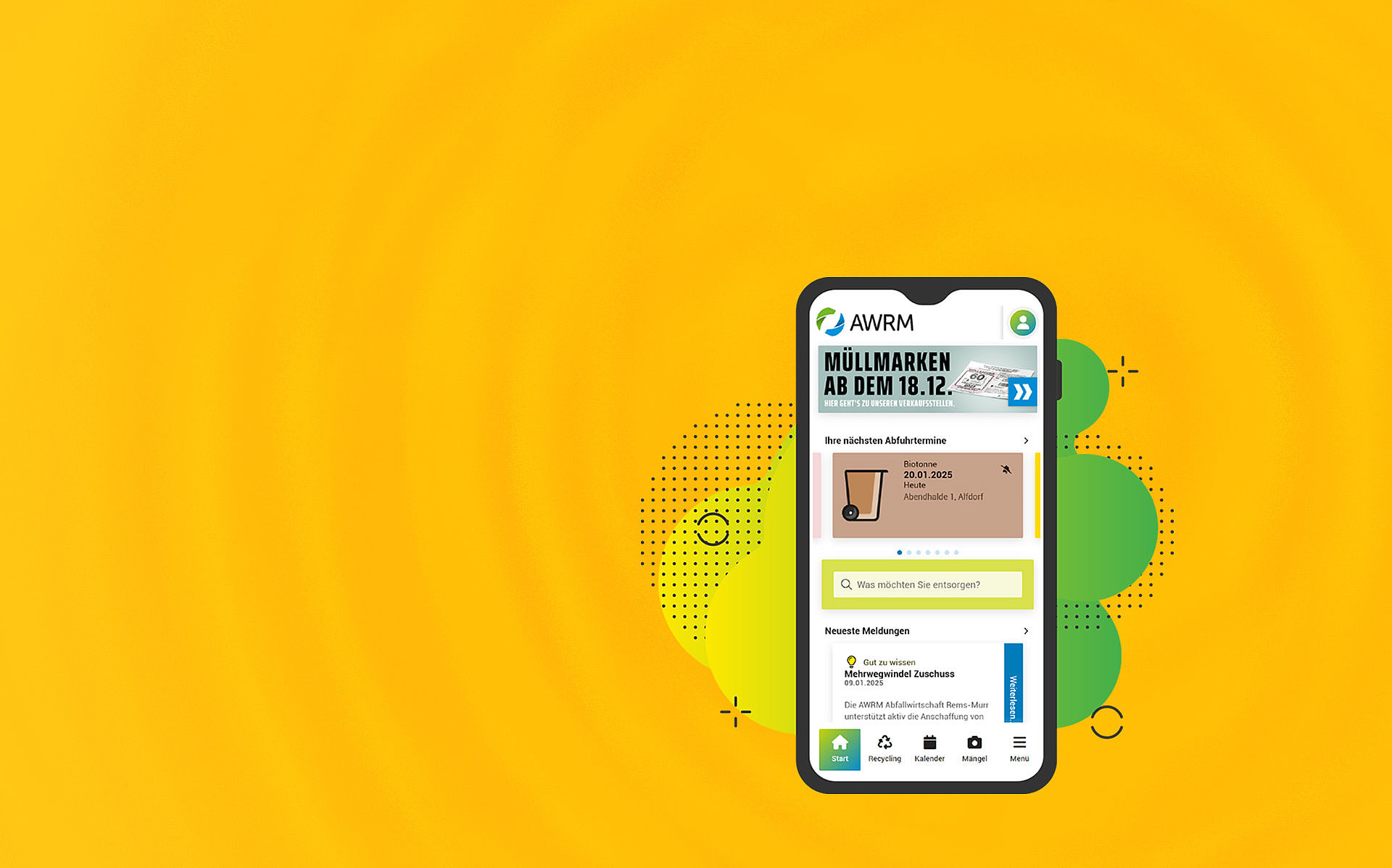 Smartphone mit geöffneter AWRM-App zeigt Müllabfuhrtermine und Infos zu Müllmarken, vor gelbem Hintergrund.